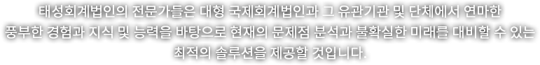 태성회계법인의 전문가들은 대형 국제회계법인과 그 유관기관 및 단체에서 연마한 풍부한 경험과 지식 및 능력을 바탕으로 현재의 문제점 분석과 불확실한 미래를 대비할 수 있는 최적의 솔루션을 제공할 것입니다.