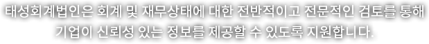 성회계법인은 회계 및 재무상태에 대한 전반적이고 전문적인 검토를 통해 기업이 신뢰성 있는 정보를 제공할 수 있도록 지원합니다.